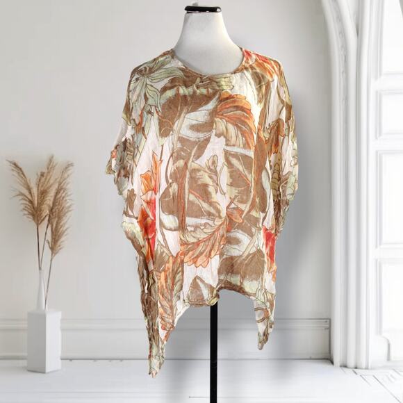 Chicos Gauzy Linen Poncho Size L/XL Orange Brown Floral Print Boho - Picture 1 of 10